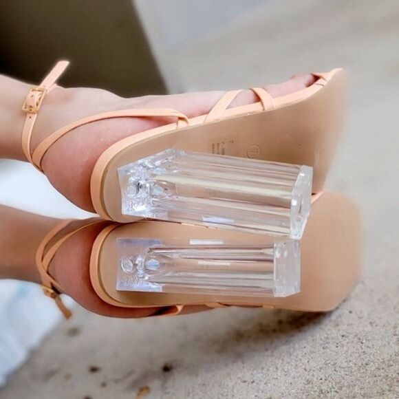 Women Square Toe Clear Block High Heel Sandals Peach Color - Picture 3 of 4